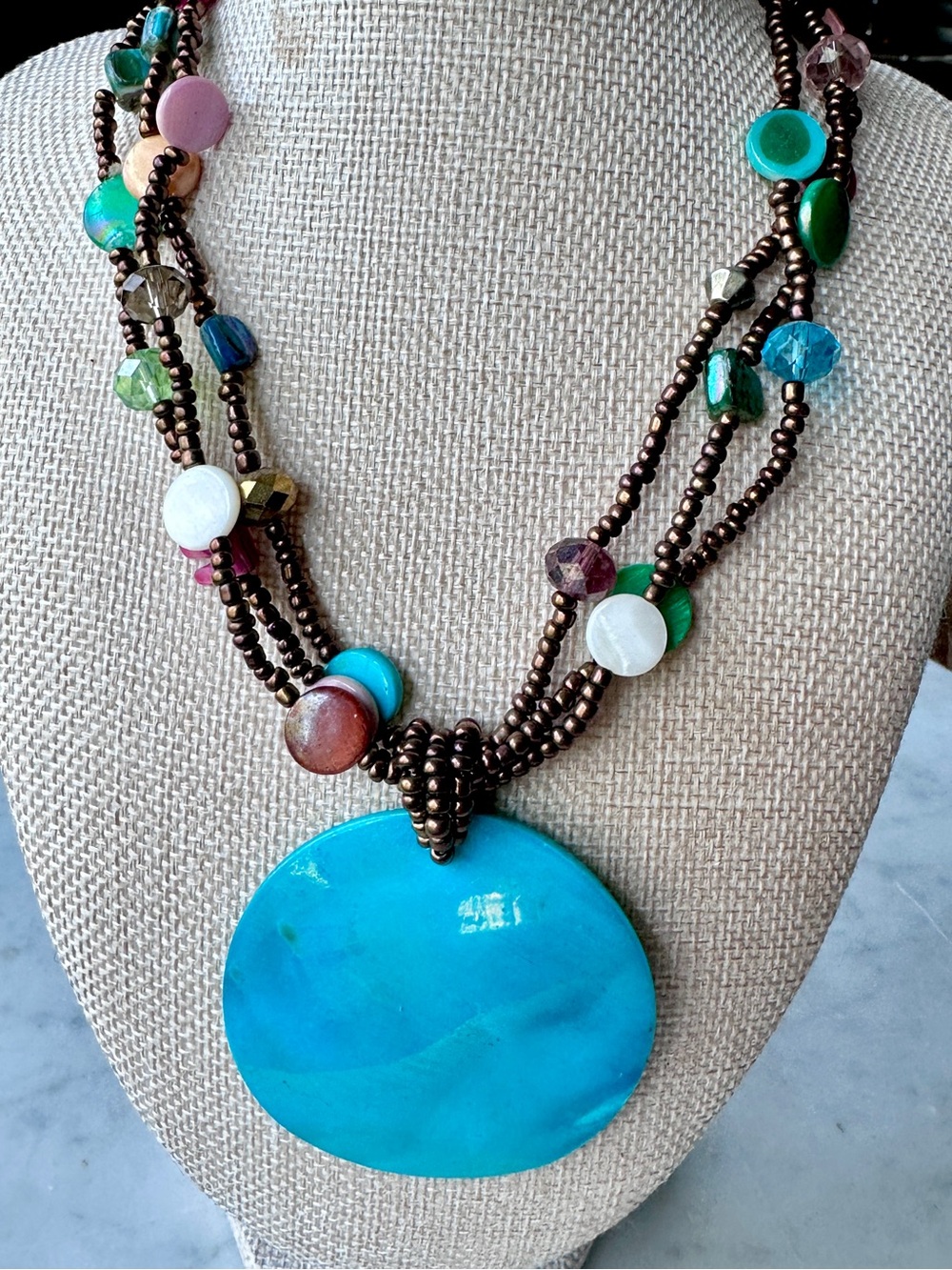 Turquoise Shell Pendant Multi-Strand Copper & Shell Beaded Necklace - Picture 6 of 6